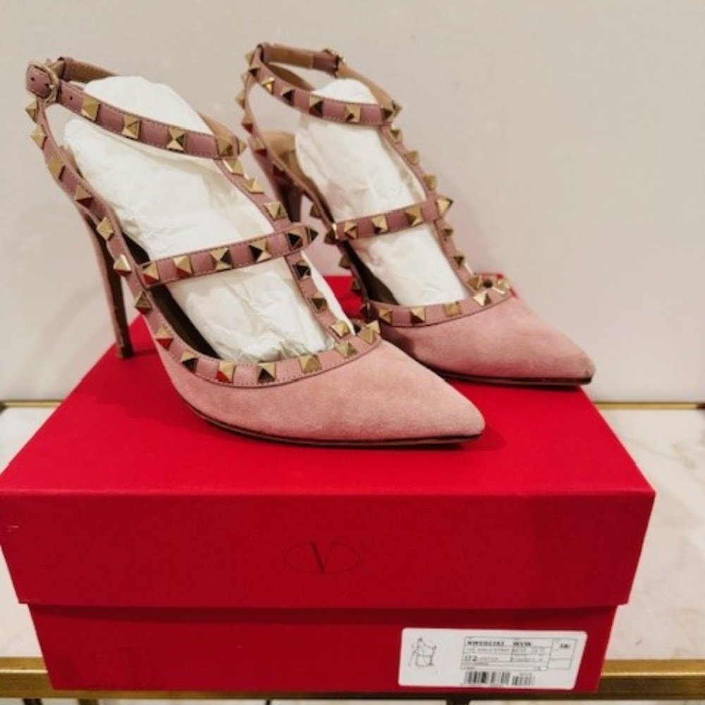 100% Authentic Valentino Garavani Lipstick Pink Suede Rockstud Pumps Sz EU 38.5